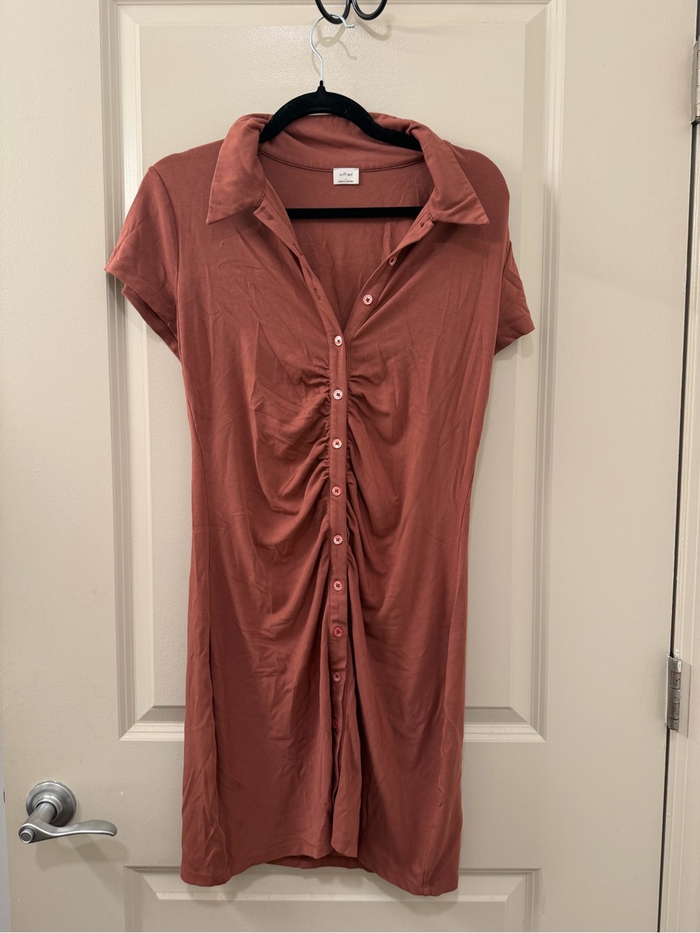 Wilfred Aritzia Rust Button-Front Ruched Collared Mini Shirtdress Size L